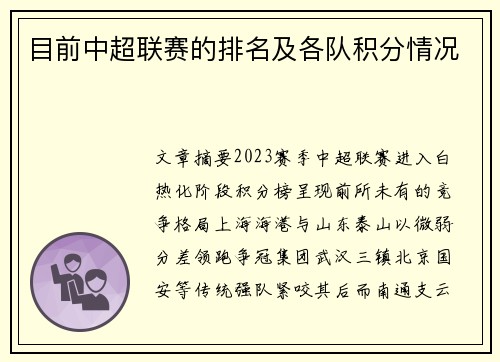 目前中超联赛的排名及各队积分情况